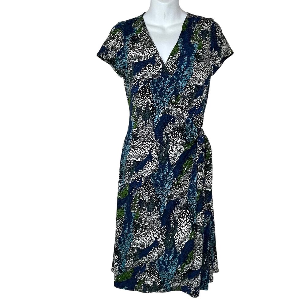 Scarlett Wrap Dress Size 8 Teal Blue Green White Short Sleeve Career Officecore